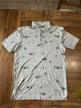 TravisMathew Light Gray Polo with Green & Navy Outdoor Motif